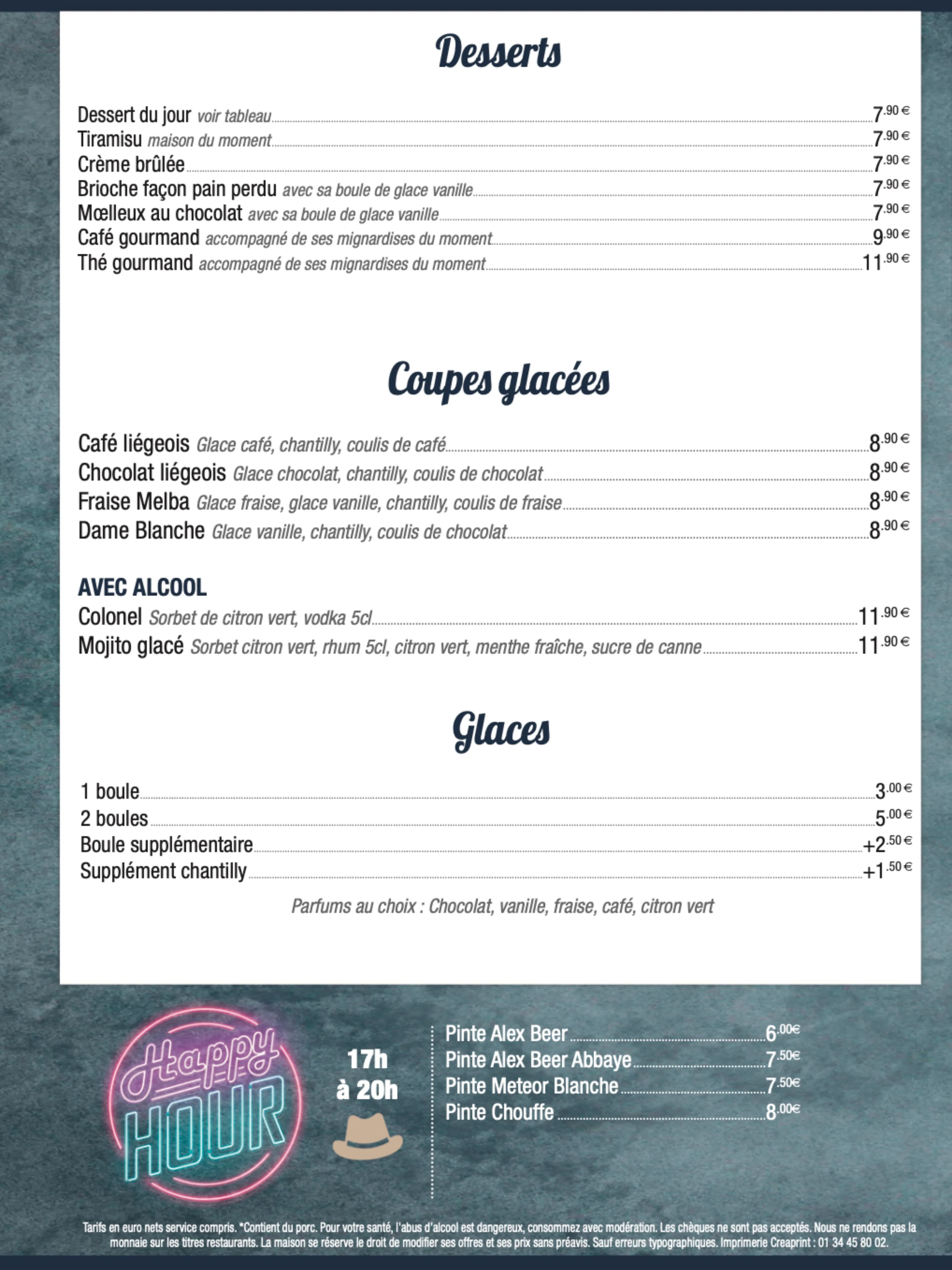 Desserts, Coupes glacées, Glaces, Happy Hour