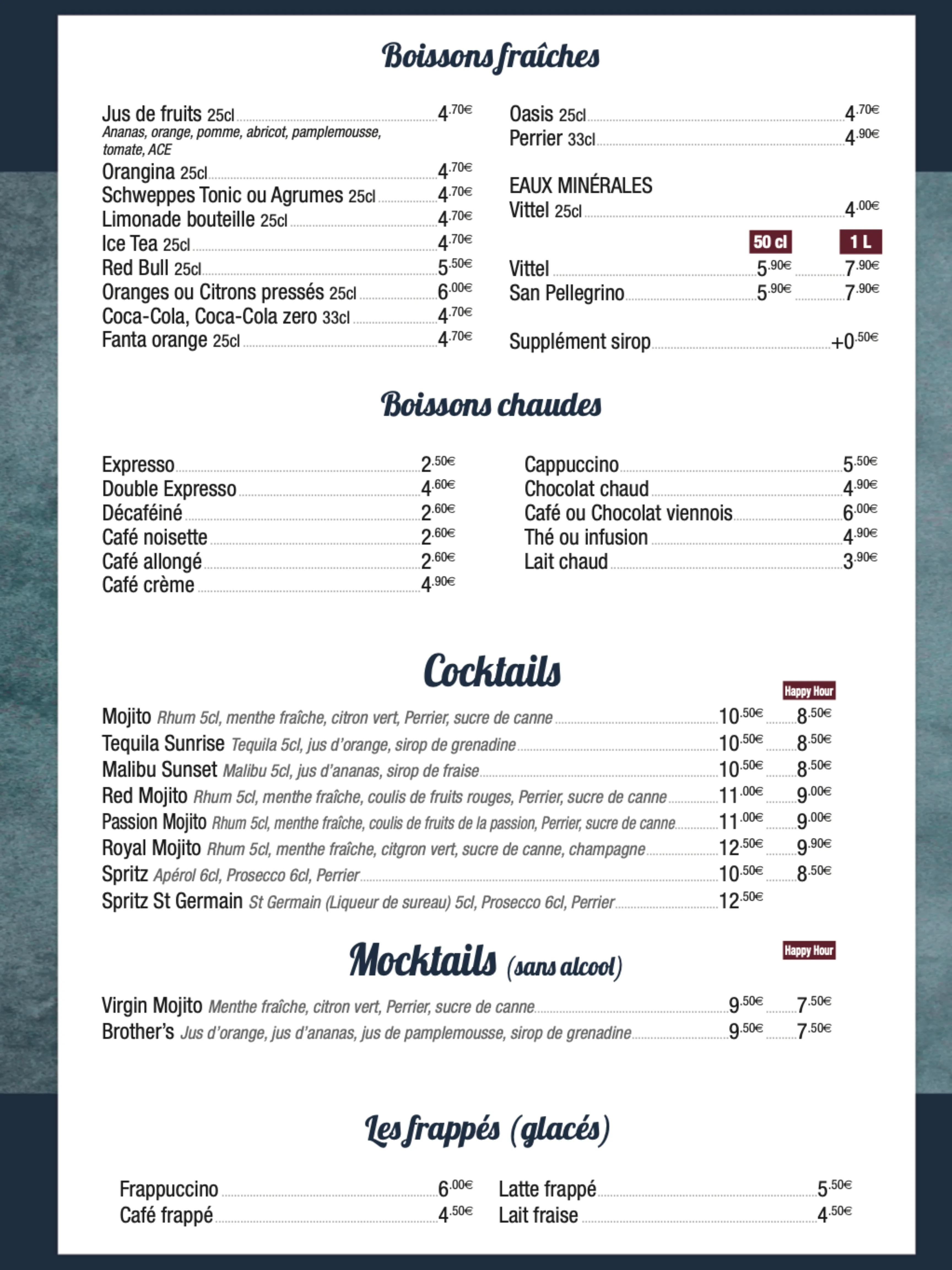 Boissons fraîches, Boissons chaudes, Cocktails, Mocktails